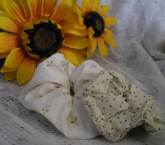 Handmade Scrunchies – White Floral & Cream Star Dot Hair Tie Set | Cute Vintage Cotton Hair Accessories | Gift for Her
