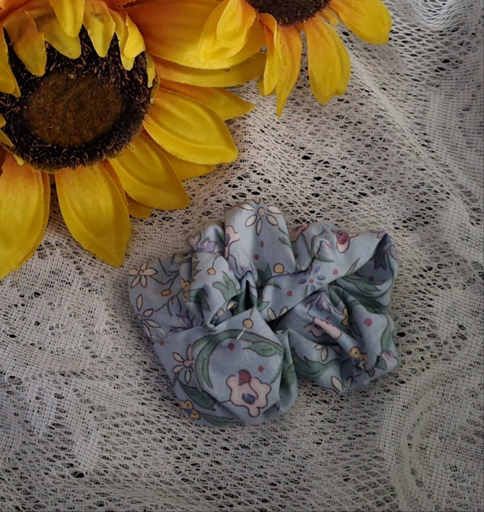 Handmade Scrunchies – Cream Star Dot, Blue Vintage Floral Hair Ties | Cute Celestial, Floral Accessories | Gift for Her