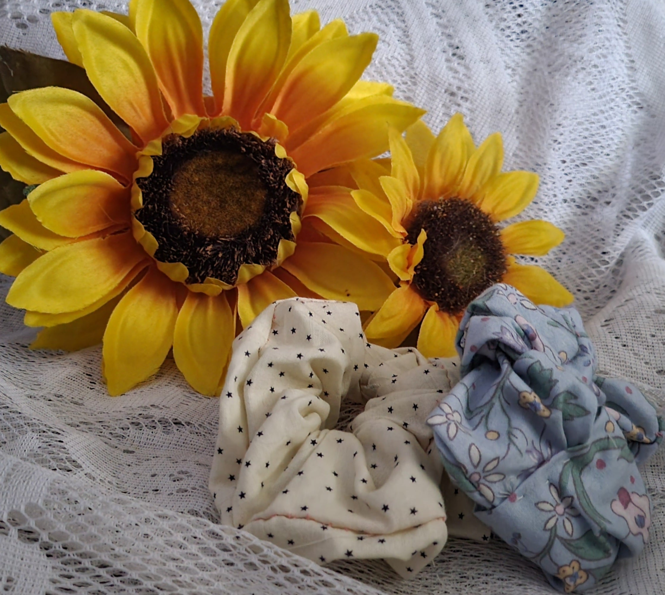 Handmade Scrunchies – Cream Star Dot, Blue Vintage Floral Hair Ties | Cute Celestial, Floral Accessories | Gift for Her