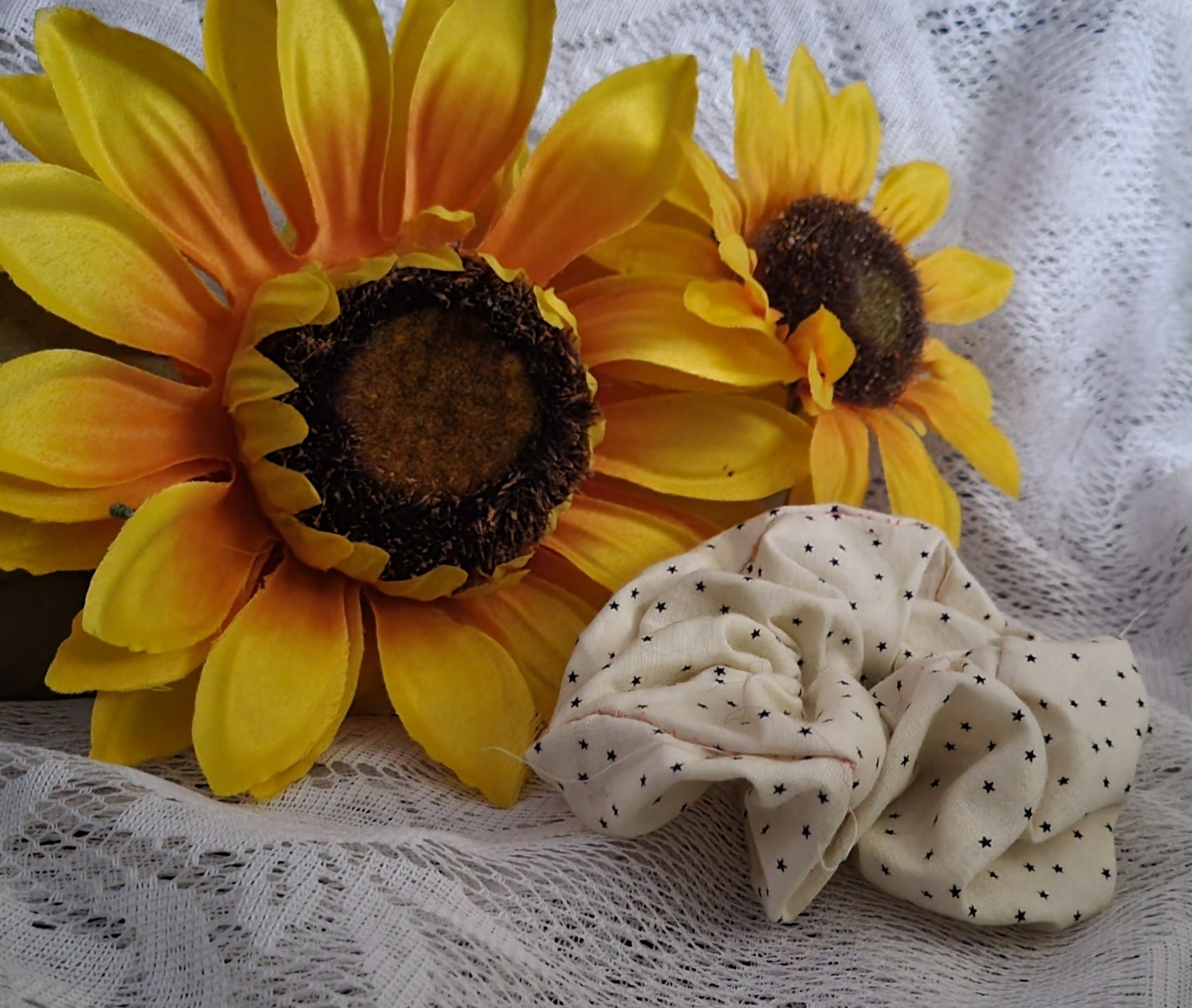 Handmade Scrunchies – Cream Star Dot, Blue Vintage Floral Hair Ties | Cute Celestial, Floral Accessories | Gift for Her